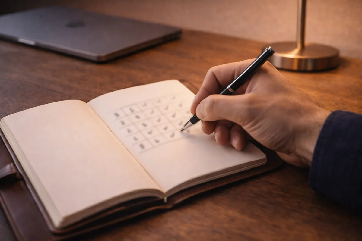 Person schreibt in elegantes Leder-Notizbuch am Schreibtisch, Tracking-Tabelle mit Häkchen, warmes Lampenlicht, disziplinierte Dokumentation der Wettergebnisse