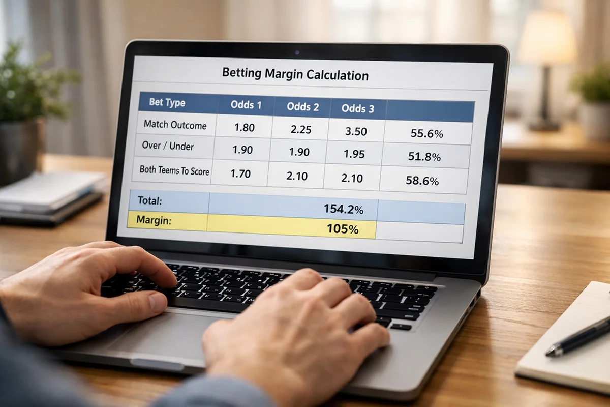 Laptop mit Tabelle zur Berechnung der Buchmacher-Marge und Quotenanalyse