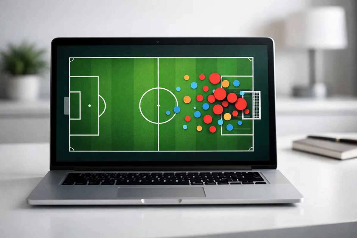 Laptop zeigt Expected Goals Visualisierung mit Schussposition und xG-Werten auf Spielfeldgrafik