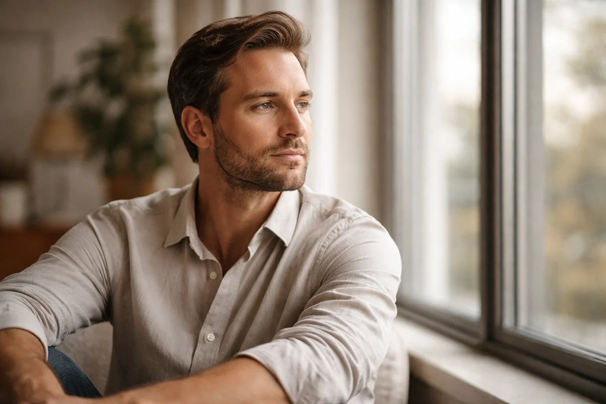 Nachdenklicher Profi-Wetter zeigt emotionale Balance und psychologische Reife