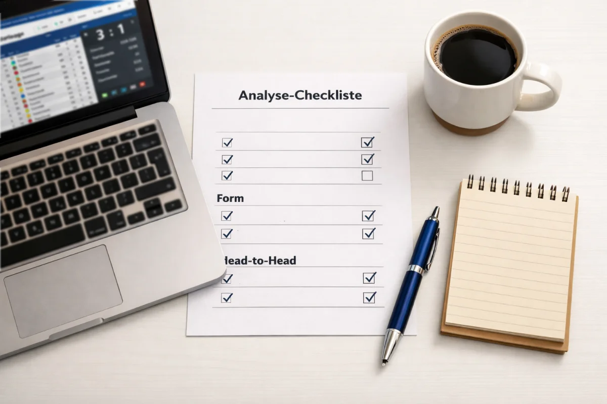 Organisierter Arbeitsplatz mit Analyse-Checkliste und Laptop für systematische Fußballwetten
