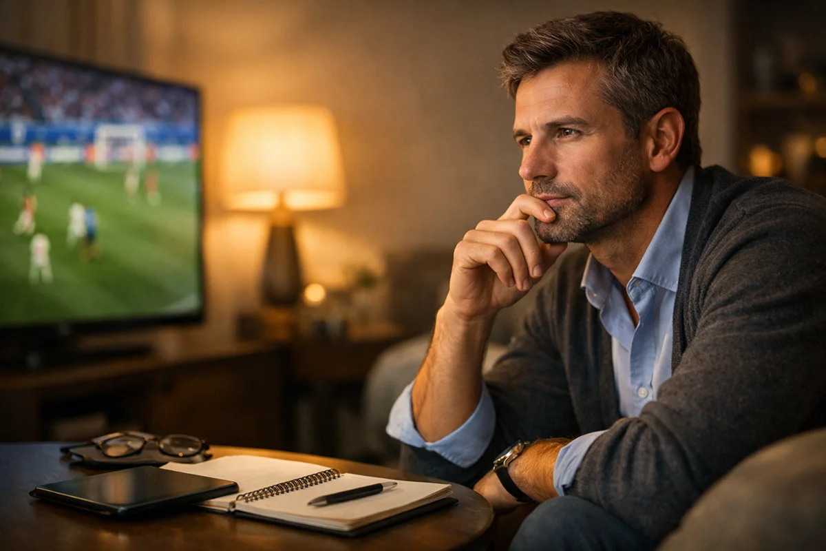 Nachdenklicher Analyst beobachtet Fußballspiel und verbindet Datenanalyse mit Intuition