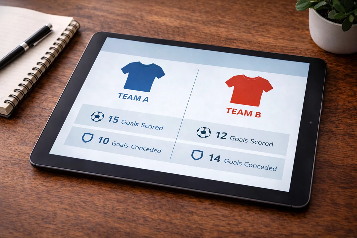 Tablet zeigt Fußballstatistiken-Vergleich zweier Teams mit klaren Visualisierungen
