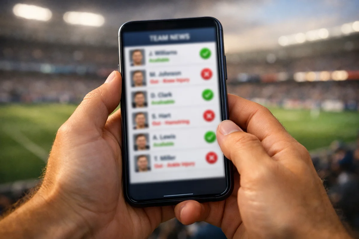 Smartphone zeigt Team-News und Verletzungsstatus mit Verfügbarkeitsanzeigen