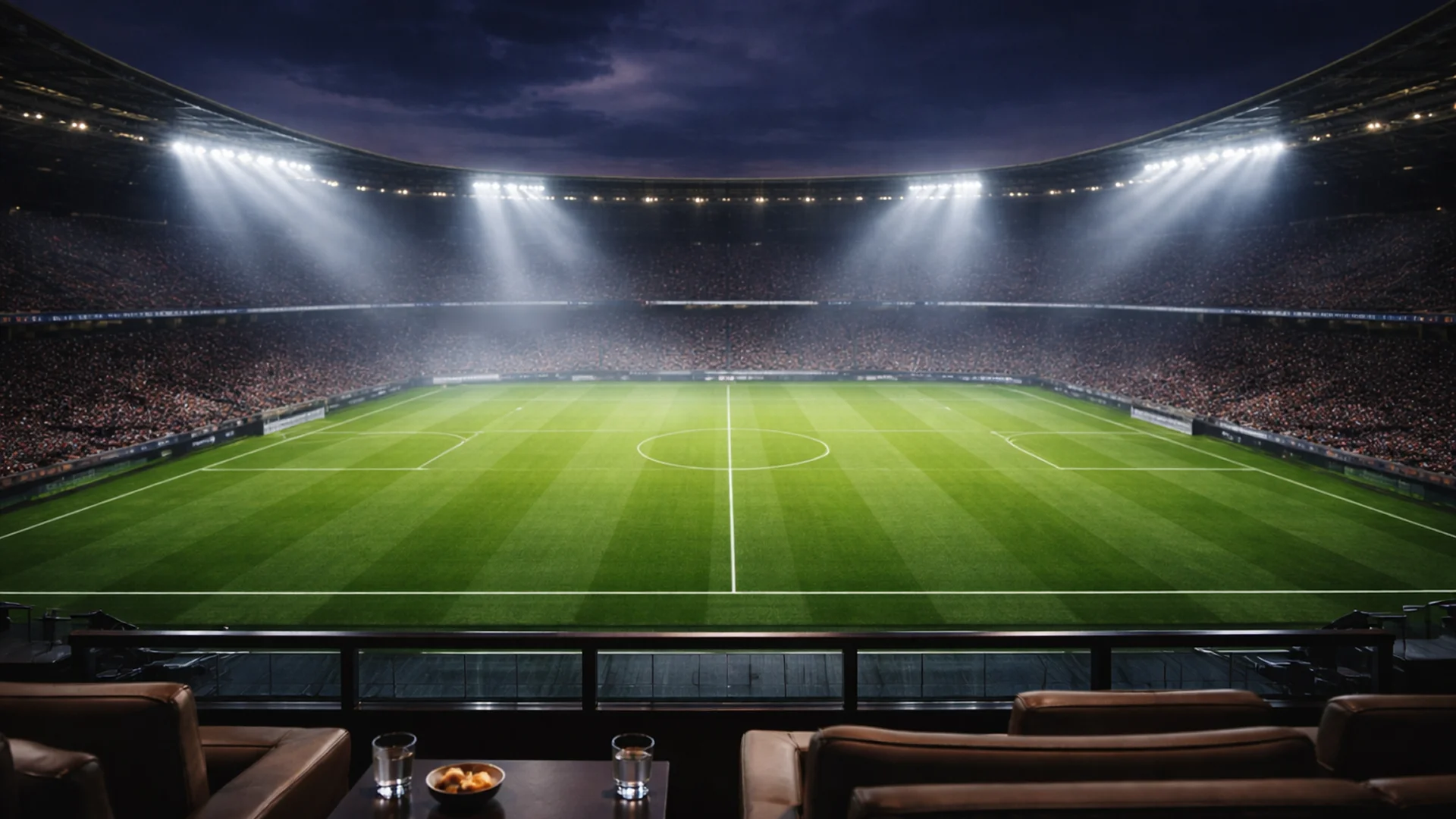 Dramatisch beleuchtetes Fußballstadion bei Nacht mit sattgrünem Rasen, moderne Architektur mit geschwungenem Dach, cinematische Atmosphäre vor einem großen Spiel