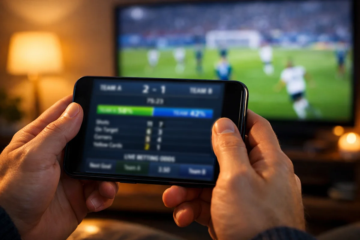Smartphone zeigt Live-Wetten-Statistiken während eines Fußballspiels im Hintergrund