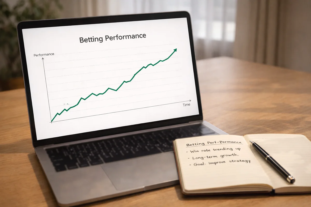 Laptop zeigt positive ROI-Tracking-Grafik mit aufsteigender Trendlinie