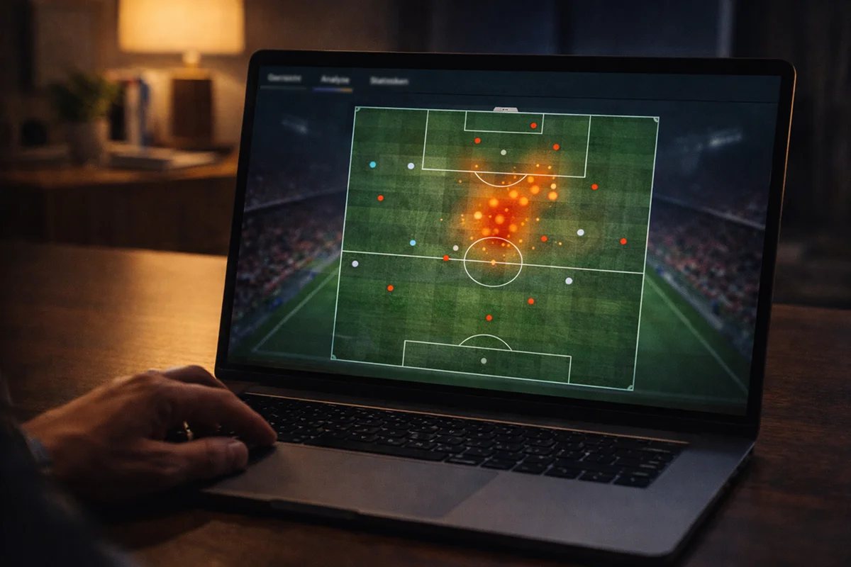Laptop mit taktischer Fußballanalyse zeigt Spielfelddiagramm mit Spielerpositionen und Heatmap, abendliche Arbeitsatmosphäre im Home Office