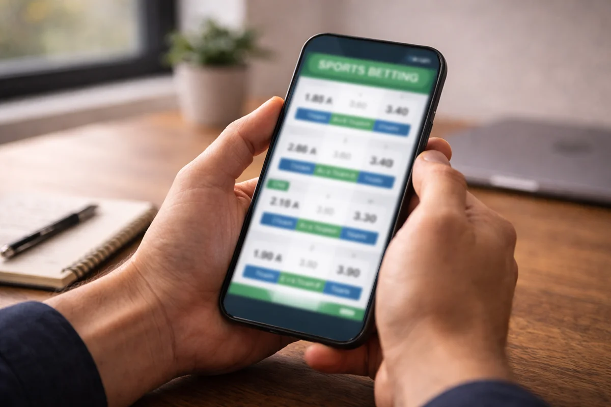 Smartphone mit Sportwetten-App und Fußballquoten auf modernem Schreibtisch