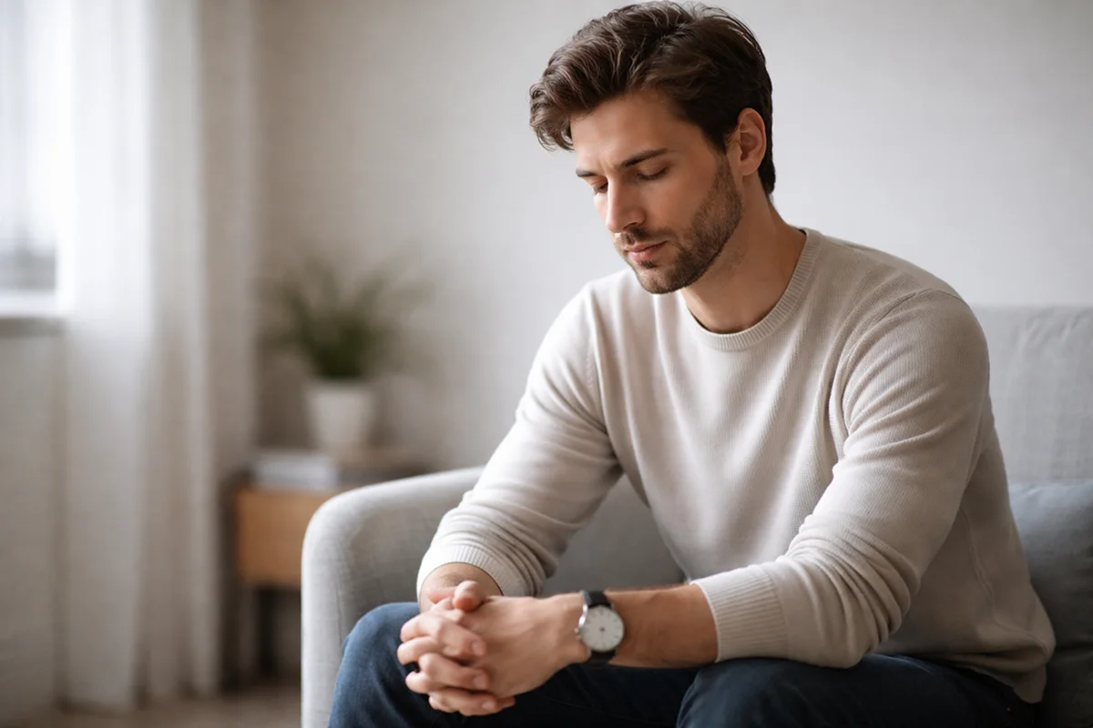 Nachdenklicher Mann in ruhiger Meditation symbolisiert emotionale Kontrolle beim Wetten