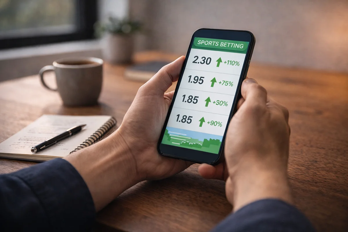 Person analysiert Wettquoten auf Smartphone an einem modernen Schreibtisch mit Notizbuch und Stift, strategische Wettanalyse bei natürlichem Licht