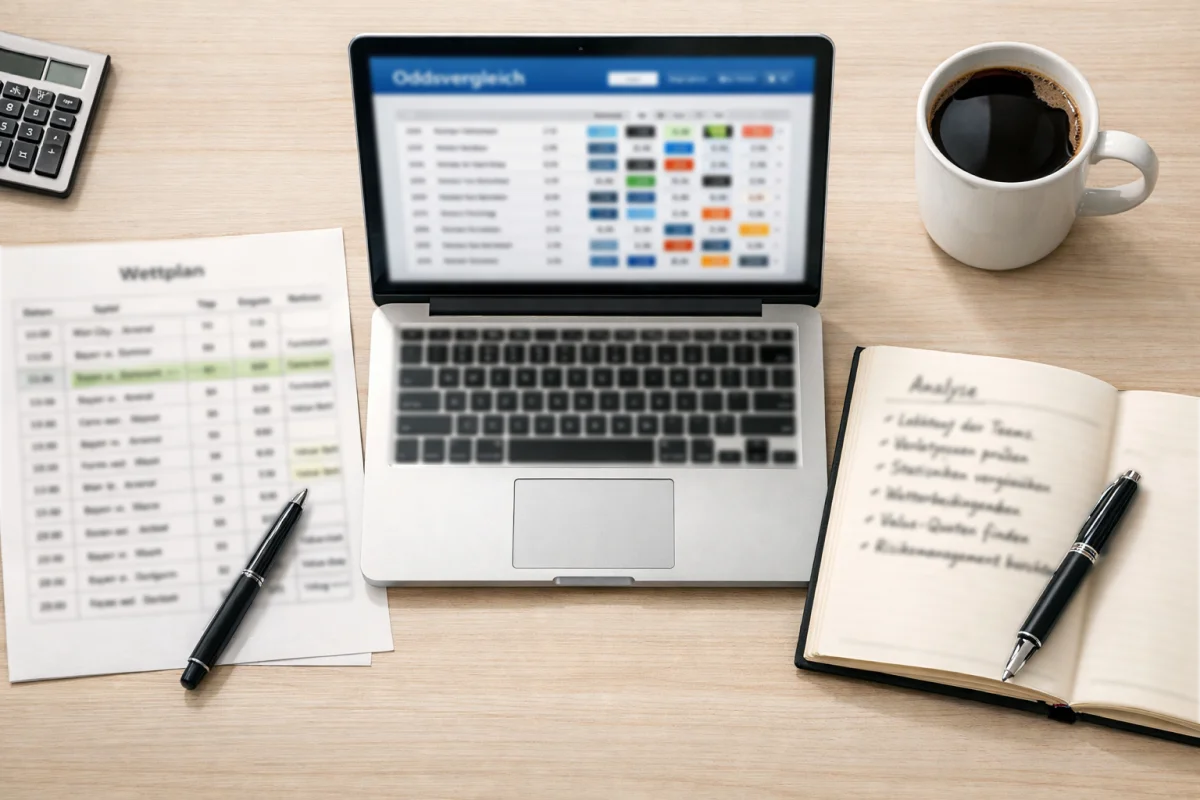 Organisierter Schreibtisch mit systematischer Value-Betting-Planung und Wochenübersicht