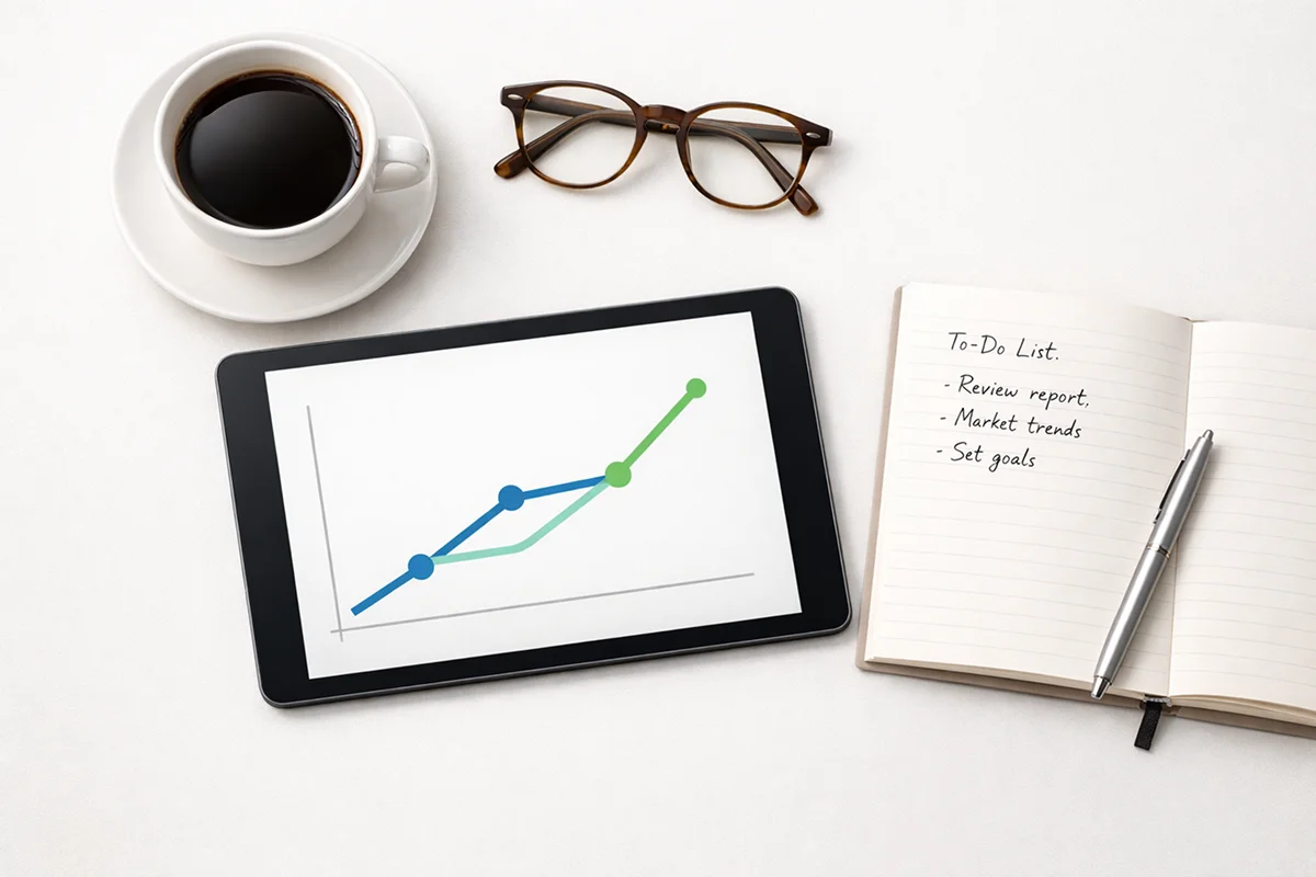 Aufgeräumter Schreibtisch von oben mit Tablet mit Trendgrafik, Kaffeetasse, Brille und Notizbuch, systematische Quotenanalyse, professionelle Arbeitsumgebung