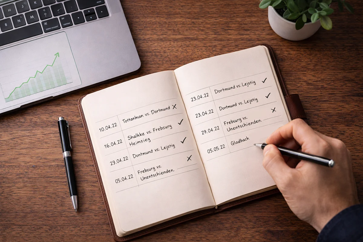Organisierter Arbeitsplatz mit Wetttagebuch und Laptop mit Fortschrittsgrafik